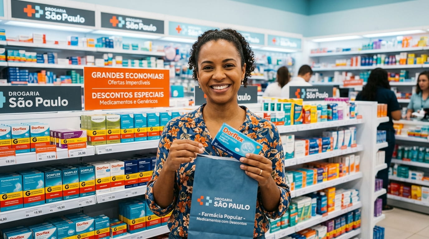 Cliente sorridente economizando em medicamentos na farmácia